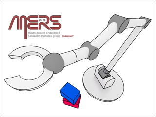An illustration of a robotic claw with two blocks in the front, one red and the other blue. Also four letters, "MERS" is printed in the corner, which stands for "Model-based Embedded and Robotics System." An illustration of a robotic claw with two blocks in the front, one red and the other blue. Also four letters, "MERS" is printed in the corner, which stands for "Model-based Embedded and Robotics System."