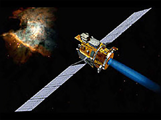 An artist's illustration of the Deep Space 1 spacecraft from behind that shows the blue plasma tail from the ion propulsion system that moves the craft toward a distant galaxy. An artist's illustration of the Deep Space 1 spacecraft from behind that shows the blue plasma tail from the ion propulsion system that moves the craft toward a distant galaxy.