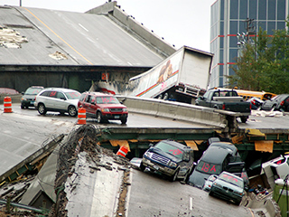 Scene of cars resting on a collapsed bridge. Scene of cars resting on a collapsed bridge.
