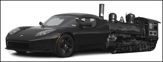 Image of a vehicle depicting the transition from coal-powered transportation to transportation via modern technologies. Image of a vehicle depicting the transition from coal-powered transportation to transportation via modern technologies.