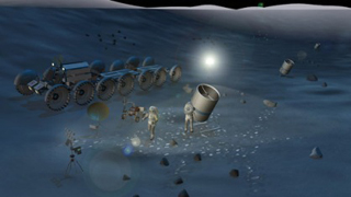Artist's conception of astronauts setting up a lunar telescope array. Artist's conception of astronauts setting up a lunar telescope array.