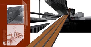 A series of renderings depicting structures with a strong linear or striped design. A series of renderings depicting structures with a strong linear or striped design.