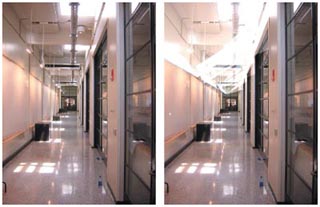 Two photos of the same corridor. Left one is of the original corridor. The right one has a new lighting scheme that brightens the ceiling. Two photos of the same corridor. Left one is of the original corridor. The right one has a new lighting scheme that brightens the ceiling.