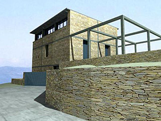 A digital rendering of a stone house. A digital rendering of a stone house.