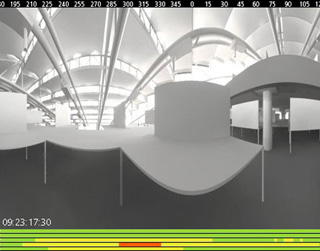 A grayscale rendering of a daylit studio space with timestamp and red, green, and yellow bars underneath. A grayscale rendering of a daylit studio space with timestamp and red, green, and yellow bars underneath.