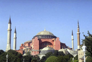A large brick Byzantine cathedral, now a museum, with dome and four minarets. A large brick Byzantine cathedral, now a museum, with dome and four minarets.