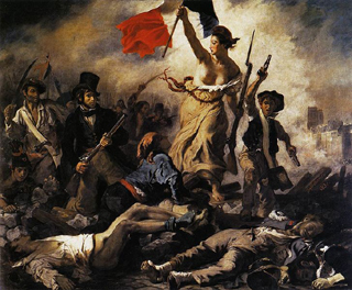 A painting of a woman, her breasts exposed, hoisting the French flag as she leads armed men across a battlefield. A painting of a woman, her breasts exposed, hoisting the French flag as she leads armed men across a battlefield.