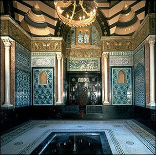 Arab Hall in the Leighton House Museum located in London shown with gold, blue and turquoise Islamic tile mosaics. Arab Hall in the Leighton House Museum located in London shown with gold, blue and turquoise Islamic tile mosaics.