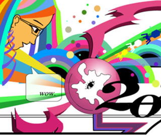 Colorful stylized cartoon of a woman looking at a synthetic biology creation. Colorful stylized cartoon of a woman looking at a synthetic biology creation.