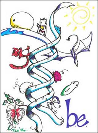 Creative drawing of whimsical creatures and a DNA double helix. Creative drawing of whimsical creatures and a DNA double helix.