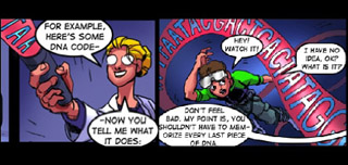 Two comic book panels featuring a researcher and her young assistant. Two comic book panels featuring a researcher and her young assistant.