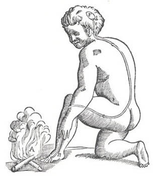 A boy with his foot near the fire illustrating Descartes' withdrawal reflex. A boy with his foot near the fire illustrating Descartes' withdrawal reflex.