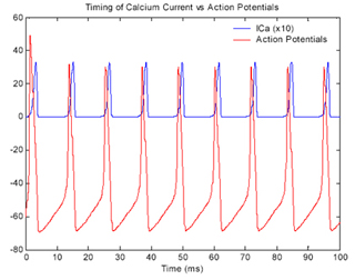 A graph of timing and amplitude of action potential vs. onset of calcium current in an axon. A graph of timing and amplitude of action potential vs. onset of calcium current in an axon.