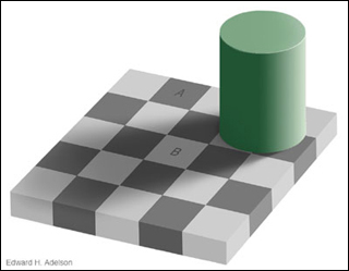 The checkerboard illusion, illustrating simultaneous contrast. The checkerboard illusion, illustrating simultaneous contrast.