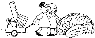 A black and white cartoon sketch of a man and woman walking next a brain, pulling a wagon containing a watch, a ruler and a calculator. A black and white cartoon sketch of a man and woman walking next a brain, pulling a wagon containing a watch, a ruler and a calculator.