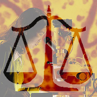 Photo of scientist conducting research with a microscope, with scales of justice superimposed over image. Photo of scientist conducting research with a microscope, with scales of justice superimposed over image.