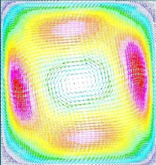 Imaging of square cavity flow field showing hot spots at the sides. Imaging of square cavity flow field showing hot spots at the sides.