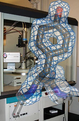 Molecular model of amino acid tyrosine overlaid on photograph of xray diffractometer. Molecular model of amino acid tyrosine overlaid on photograph of xray diffractometer.