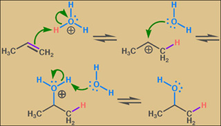 Acid-catalyzed hydration of propene. Acid-catalyzed hydration of propene.