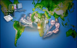 Image of a group of people layered on a world map. Image of a group of people layered on a world map.
