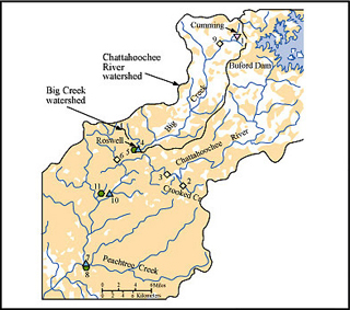A map of the Chattahoochee River and its surrounding watersheds. A map of the Chattahoochee River and its surrounding watersheds.