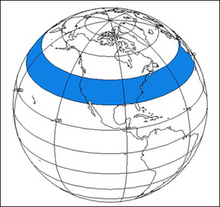 A globe of the earth divided by horizontal and vertical bands. A globe of the earth divided by horizontal and vertical bands.