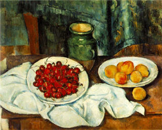 Painting of plates filled with cherries and peaches. Painting of plates filled with cherries and peaches.