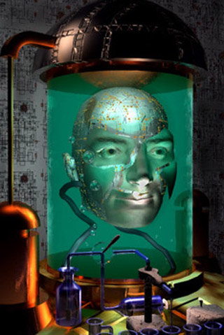 Computer-generated image of a large cyborg head floating in a cylindrical chamber in a futuristic laboratory. Computer-generated image of a large cyborg head floating in a cylindrical chamber in a futuristic laboratory.