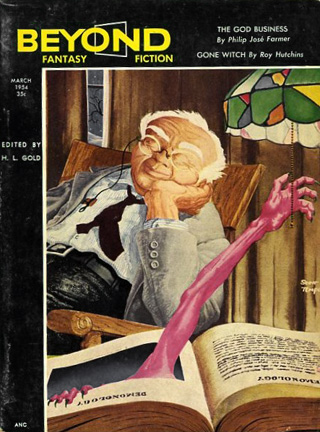 The cover of the March 1954 issue of the magazine "Beyond Fantasy Fiction," showing the taloned hands of a creature arising from the pages of the book "Demonology," to turn off the light as a white haired man slumbers happily in a carved wooden chair. The cover of the March 1954 issue of the magazine "Beyond Fantasy Fiction," showing the taloned hands of a creature arising from the pages of the book "Demonology," to turn off the light as a white haired man slumbers happily in a carved wooden chair.