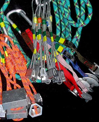 Photograph of rock climbing equipment. Photograph of rock climbing equipment.