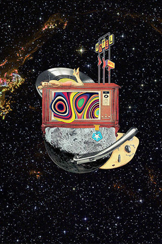 A collage showing a woman lying on a television / record player hybrid in outer space. A collage showing a woman lying on a television / record player hybrid in outer space.