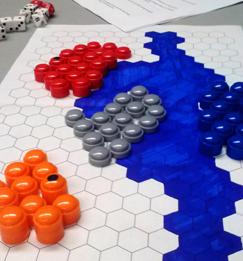 Game board setup for Roman Conquest: The First Triumvirate, showing pieces and dice.