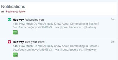 Twitter notification that Hubway liked and retweeted the original tweet.