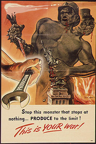 A US World War II propaganda poster showing a Nazi/Japanese monster destroying the Statue of Liberty. A US World War II propaganda poster showing a Nazi/Japanese monster destroying the Statue of Liberty.