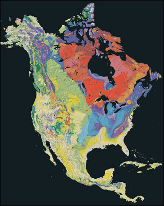 A map of North America with colors that represent the ages of the underlying rocks. A map of North America with colors that represent the ages of the underlying rocks.