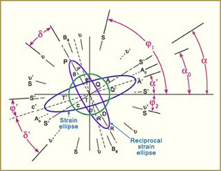 Figure showing strain ellipse and reciprocal strain ellipse. Figure showing strain ellipse and reciprocal strain ellipse.