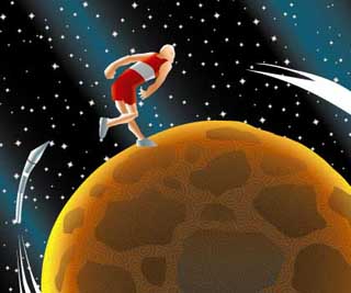 Drawing of someone throwing a javelin around a planet. Drawing of someone throwing a javelin around a planet.