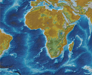 Topographic relief of the African plate. Areas of higher elevation are represented in light blue. Topographic relief of the African plate. Areas of higher elevation are represented in light blue.
