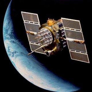 Drawing of a satellite orbiting Earth. Drawing of a satellite orbiting Earth.