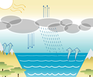 Diagram showing evaporation and precipitation patterns over land and water. Diagram showing evaporation and precipitation patterns over land and water.
