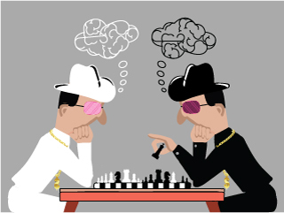 A cartoon of two people facing each other with a chessboard in between them. Above them, float images of partitioned brains. A cartoon of two people facing each other with a chessboard in between them. Above them, float images of partitioned brains.