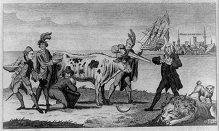 Political cartoon depicting 18th century Euro-American economic relations. Political cartoon depicting 18th century Euro-American economic relations.