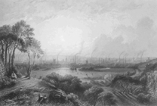 Cottonopolis, black-and-white engraving by Edward Goodall (1795-1870) of smoke rising from the textile mills in Manchester, United Kingdom. Cottonopolis, black-and-white engraving by Edward Goodall (1795-1870) of smoke rising from the textile mills in Manchester, United Kingdom.