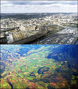 Two aerial photos, one of undeveloped land in Mexico, the other an industrial city. Two aerial photos, one of undeveloped land in Mexico, the other an industrial city.