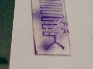 Photo of a glass slide etched with thin channels for fluid movement. Photo of a glass slide etched with thin channels for fluid movement.