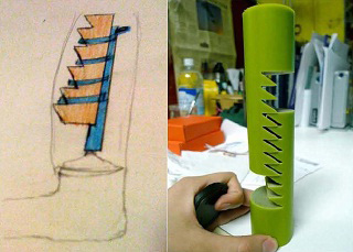 A drawing and a photo of a prototype showing different designs for a pediatric prosthetic device. A drawing and a photo of a prototype showing different designs for a pediatric prosthetic device.