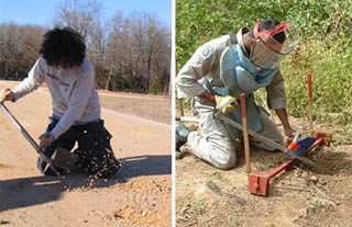 Two photos of people kneeling on the ground and digging with demining tools. Two photos of people kneeling on the ground and digging with demining tools.