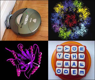 Four small images: a virus structure, a Roomba robot, a protein structure, and a word game. Four small images: a virus structure, a Roomba robot, a protein structure, and a word game.