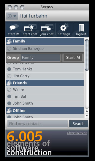 Screenshot from an instant messaging program designed and implemented by 6.005 students. Screenshot from an instant messaging program designed and implemented by 6.005 students.