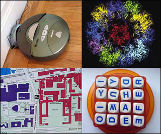 Photograph of a Roomba vacuum robot, virus model, MIT campus map, and Boggle game board. Photograph of a Roomba vacuum robot, virus model, MIT campus map, and Boggle game board.